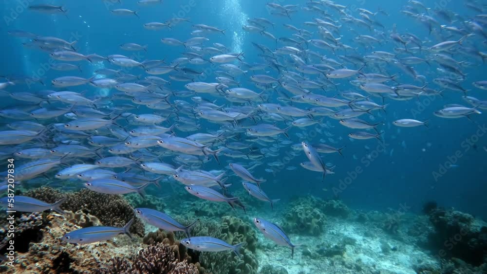 Scuba divers revealed hidden behind a big school of silver fusiliers Scuba divers revealed hidden behind a big school of silver fusiliers