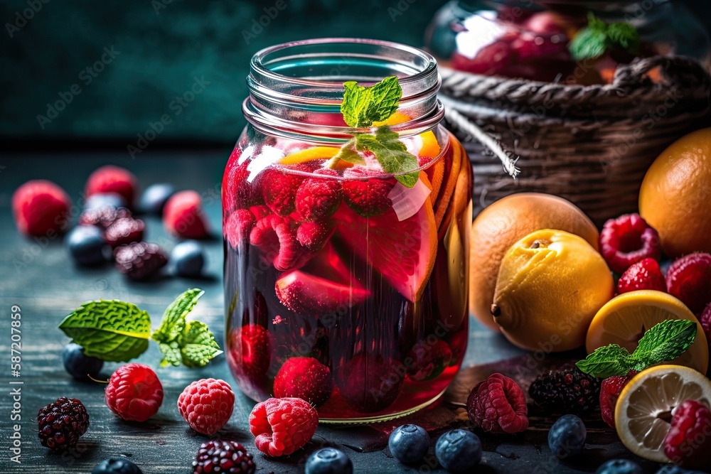 Fruit infused detox water with flavor. energizing DIY cocktail for summer. Generative AI Fruit infused detox water with flavor. energizing DIY cocktail for summer. Generative AI