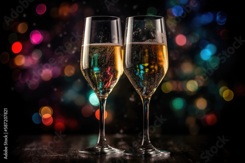  glasses of champagne clink together, background of fireworks, generative AI