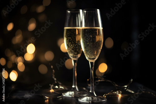  glasses of champagne clink together, background of fireworks, generative AI © Kien