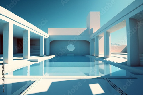 Beautiful and relaxing swimming pool with contemporary architecture on sunny day. Genera © ardanz