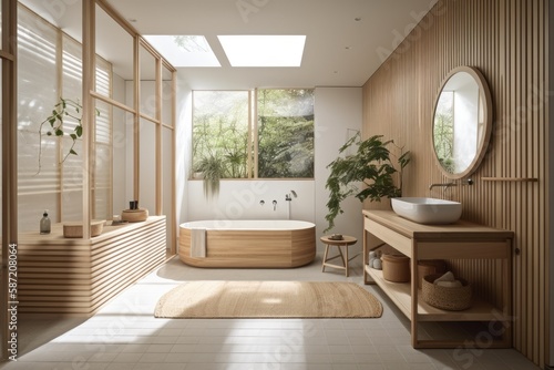 White and beige Japanese hardwood bathroom. Freestanding tub  shower  and washbasin with mirror. Marmoleum floor. Clean interiors . Generative AI