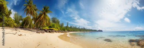 panoramic tropical beach with palm trees, generative AI © Kien