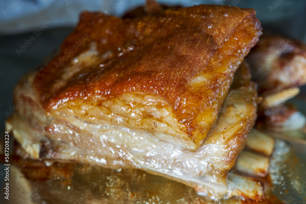 A piece of crispy lamb chops is being baked in the oven A piece of crispy lamb chops is being baked in the oven