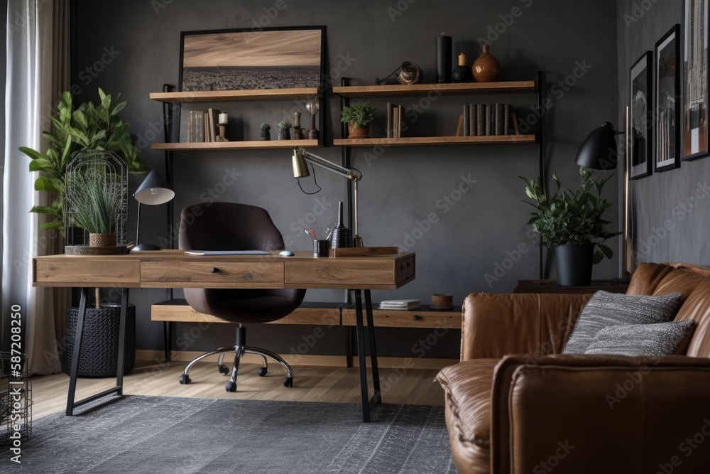 Fototapeta premium Modern freelancing home office decor. Brown detail wall, grey couch, wood table, black chair laptop decor. Generative AI