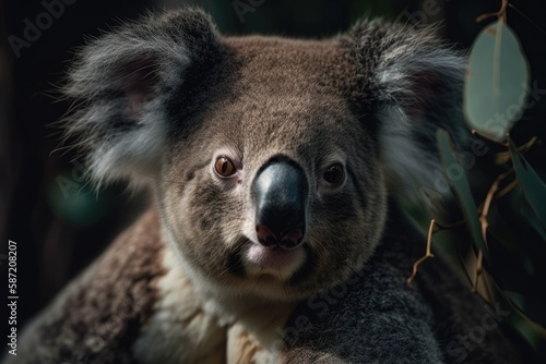 Koala perched on a tree branch in a natural setting. Generative AI