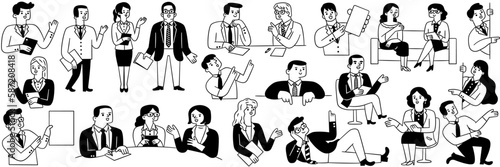 Cute character illustration doodle style of male and female business people, presenting, talking, pointing, discussing, television reporting. Outline, thin line art, black and white ink drawing style.
