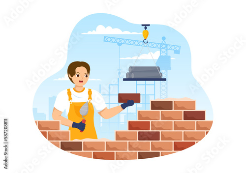 Bricklayer Worker Illustration with People Construction and Laying Bricks for Building a Wall in Flat Cartoon Hand Drawn Landing Page Templates