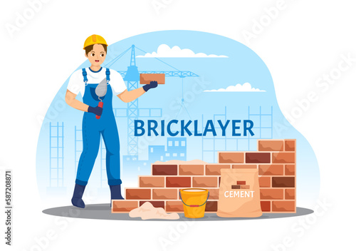 Bricklayer Worker Illustration with People Construction and Laying Bricks for Building a Wall in Flat Cartoon Hand Drawn Landing Page Templates
