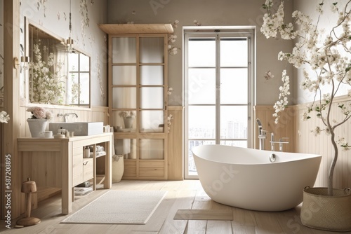 White beige farmhouse bathroom. Freestanding wooden bathtub with paper door. Cotton flowers  parquet floor  wallpaper  and tiles  Japanese interior design . Generative AI
