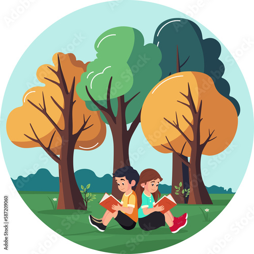 Character of Boy And Girl Sitting Back To Each Other While Reading Book On Beautiful Nature Background.