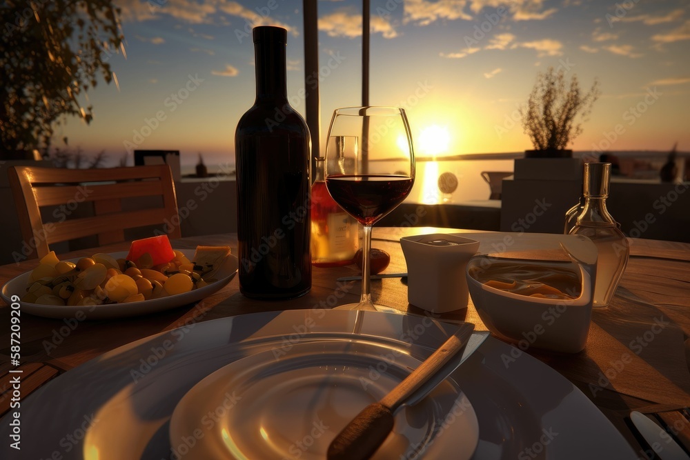 Sunset dinner with wine. Generative AI.