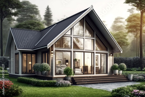 Contemporary minimalist small house with wooden material. Generative ai illustration