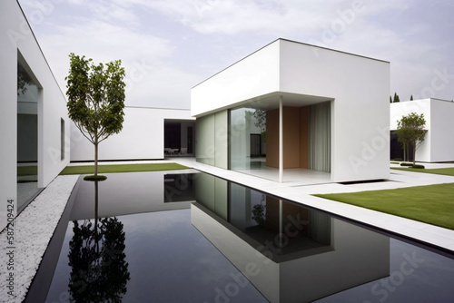 Luxurious house with minimalist contemporary exterior architecture with swimming pool. Generative ai illustration © ardanz