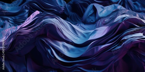Abstract smooth waves and curves with metallic sheen of deep dark blue and amethyst purple colors, folding backdrop with a shallow depth of field bokeh blur - generative AI photo