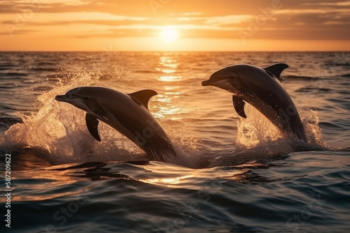 Photographie Beautiful bottlenose dolphins jumping out of sea at sunset