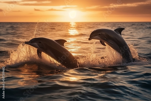 Beautiful bottlenose dolphins jumping out of sea at sunset © Daniel
