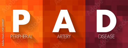 PAD Peripheral Artery Disease - circulatory problem in which narrowed arteries reduce blood flow to your limbs, acronym text concept background