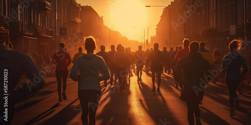 Start of people running on street,with sunset light Generative AI