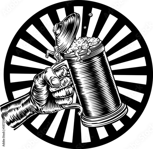 A hand holding a beer stein German Oktoberfest pint tankard mug in a retro vintage intaglio woodcut engraved style