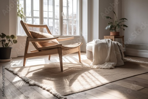 Carpet, parquet, comfy lounge chair. Bright apartment interior design idea. Generative AI
