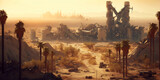 science fiction panorama, futuristic city landscape with abandoned industrial site, generative ai