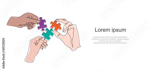 Continuous one line drawing of hands and puzzle. Business matching - connecting puzzle elements.  Puzzle game symbol and iconic business metaphor for problem solving, solution and strategy.