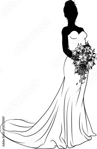 A woman bride in a bridal wedding dress in a silhouette