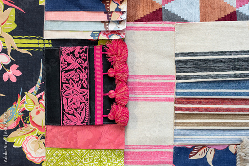 Mood board with fabric and trim samples