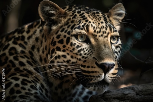 The leopard is depicted in close up  laying on its right side with its head and shoulders predominating. Generative AI
