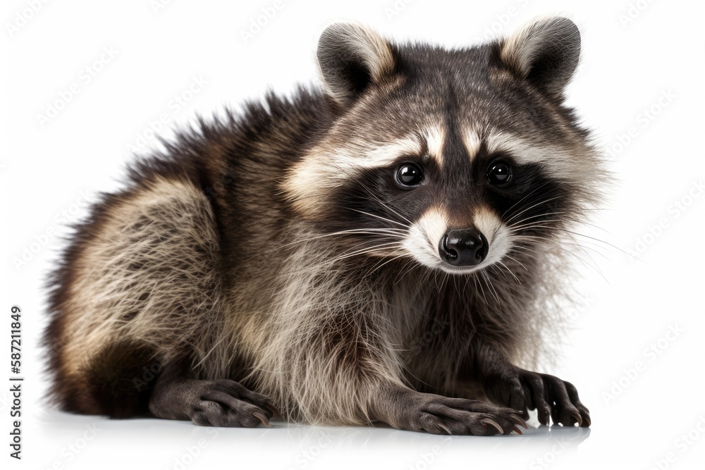 curious raccoon sitting on a clean white background. Generative AI