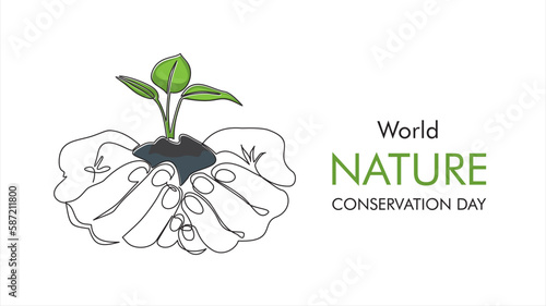 World nature conservation day. Single continuous line of hands holding tree leaf. Plant leaves grow planet Earth seedling eco natural concept design sketch drawing vector illustration art 
