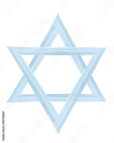Star David watercolor blue. Happy Passover religious biblical pray symbol. Hand drawn watercolor illustration isolated on white background.