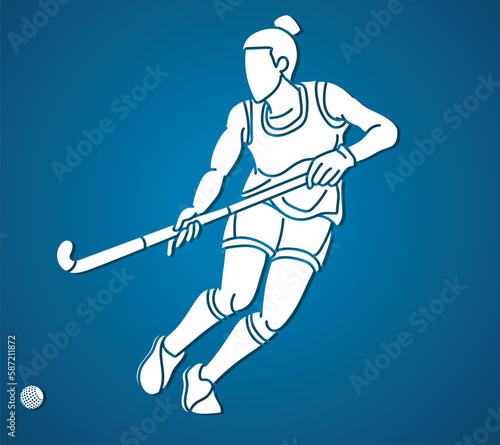 Field Hockey Sport Female Player Action Cartoon Graphic Vector
