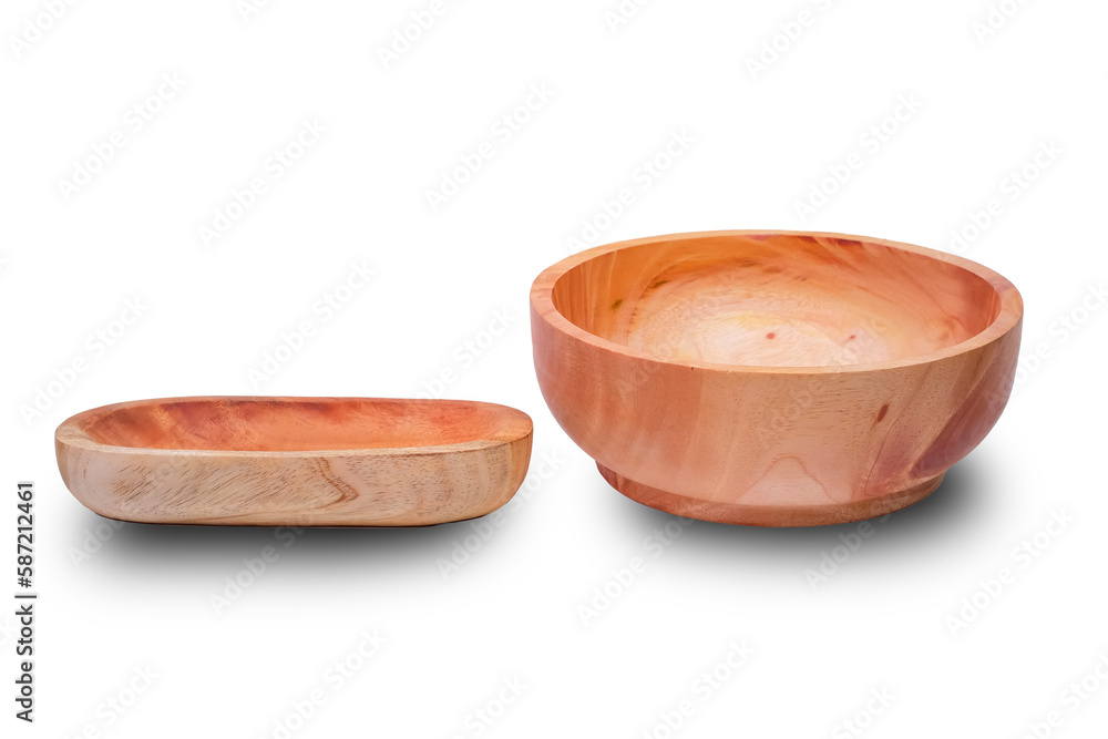 Round wooden bowl with oblong wooden bowl on white background Round wooden bowl with oblong wooden bowl on white background