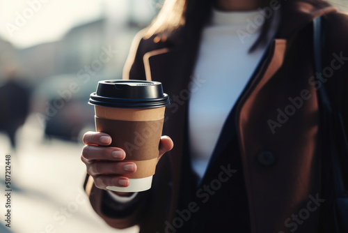 Woman holding coffee to go  generative ai