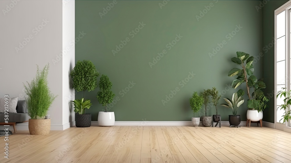 Potted plants decorate the empty living room. Generative AI Potted plants decorate the empty living room. Generative AI