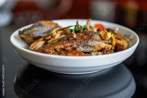 A plate of delicious Chinese home cooking, Braised Mackerel