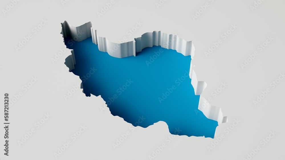 Republic of Iran's Map in 3D inner extruded Sea Depth in blue with shadows