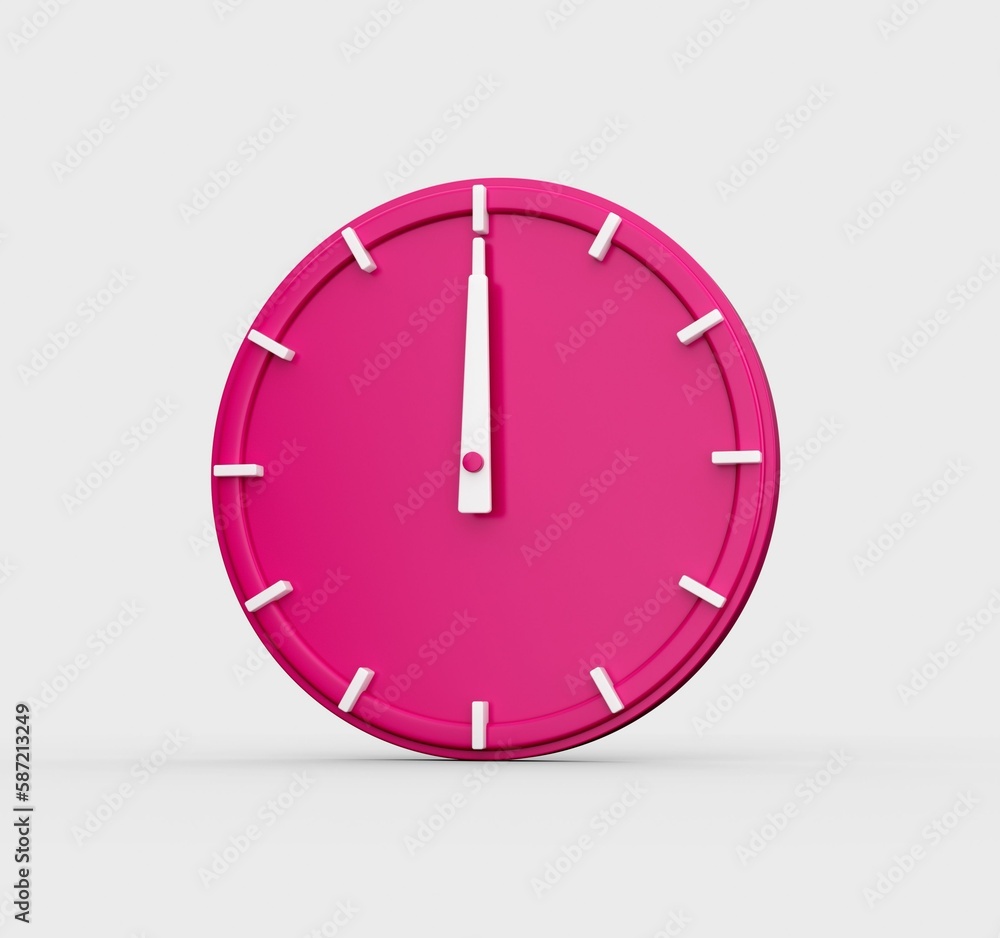 3D render of a pink wall clock showing the time 12 o'clock isolated on a white background 3D render of a pink wall clock showing the time 12 o'clock isolated on a white background
