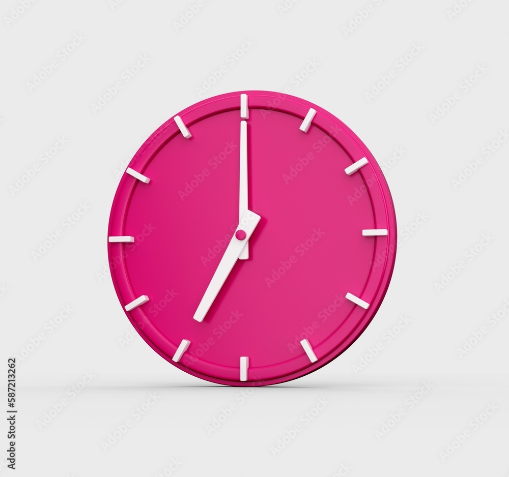 3D render of a pink wall clock showing the time 7 o'clock isolated on a white background 3D render of a pink wall clock showing the time 7 o'clock isolated on a white background