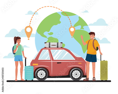 Young happy woman and man getting ready for the travel by car.