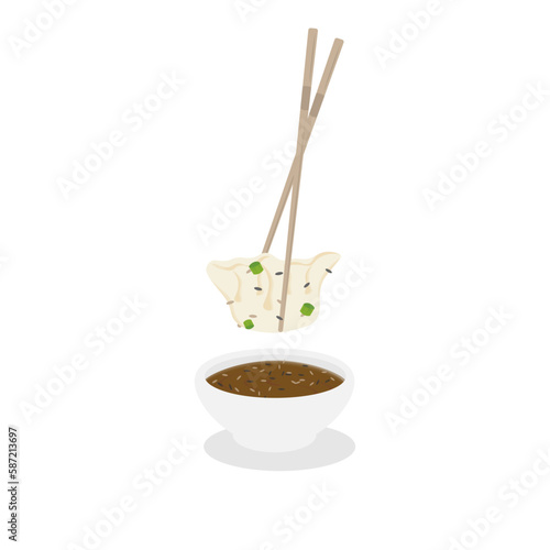Illustration Logo of Gyoza Jiaozi Dumplings Ready to Eat With Chopsticks Dipped in Soy Sauce