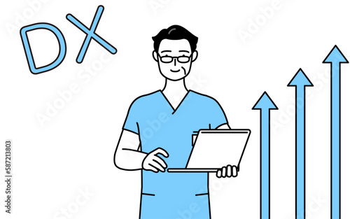 DXのイメージ、業務改善に成功した中年・シニア男性看護師、理学療法士、作業療法士、言語聴覚士、看護助手