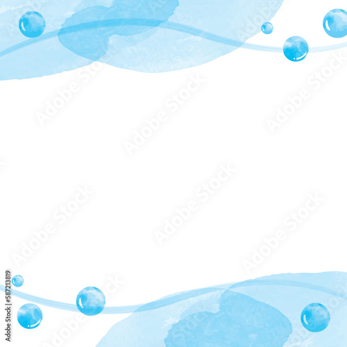 水彩の水玉と波のひんやりした夏の正方形フレーム_ブルー