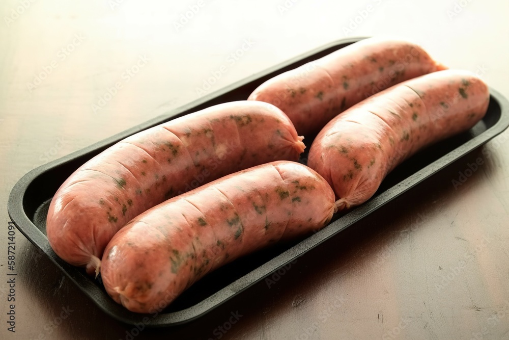 Close-up of English sausage in a black pastic dish. AI-generated images Close-up of English sausage in a black pastic dish. AI-generated images