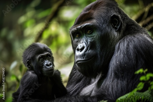 A photograph shows a huge female, dark furred gorilla mother with her kid. Gorillas are herbivorous apes and the largest surviving primates that live in the woods of central Sub Saharan Africa