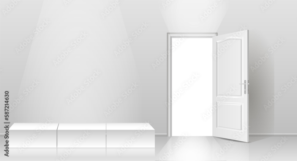 The interior of an empty room with a white wall, an open door and a white podium.
Free space for copying a 3d image.
