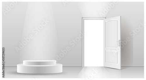 The interior of an empty room with a white wall  an open door and a white podium. Free space for copying a 3d image. 