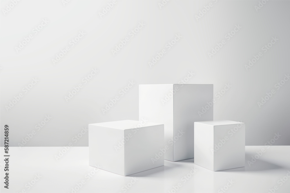 White square podium on white background. Showcase for cosmetic products, goods, shoes, bags, watches. Generative AI. White square podium on white background. Showcase for cosmetic products, goods, shoes, bags, watches. Generative AI.